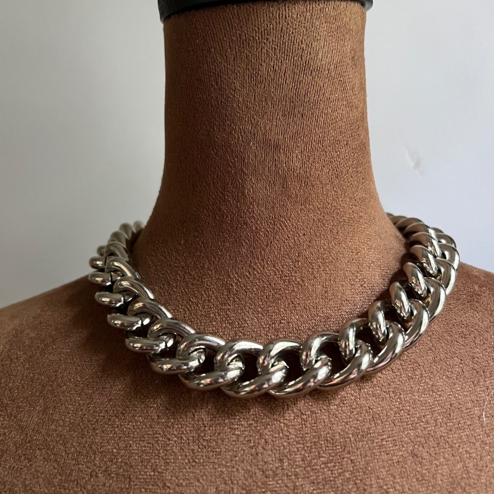 Vtg Silver Chunky Curb Link Chain Necklace 17-20 Inch Adjustable Streetwear